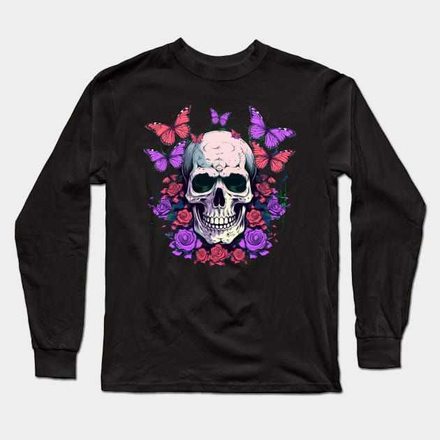 Psychedelic Neon Skull with Roses and Butterflies Long Sleeve T-Shirt by TOKEBI